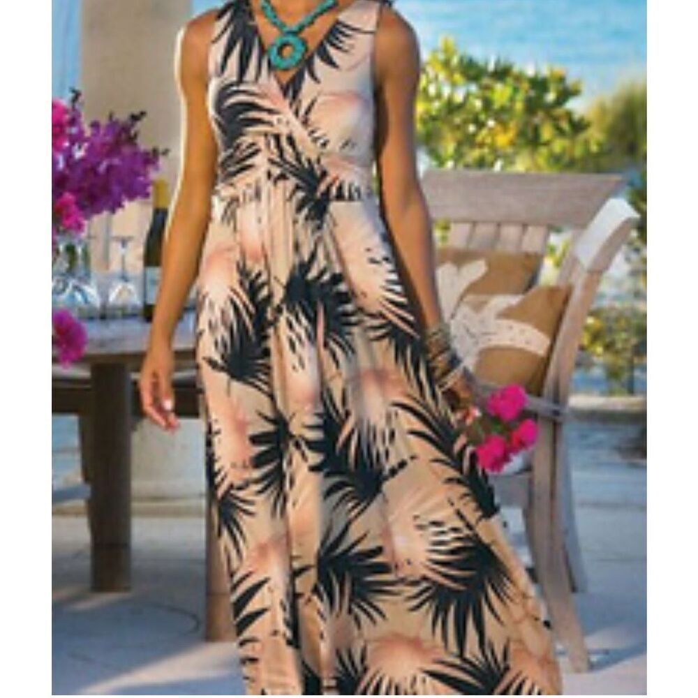 Sleeveless Peach Palm-Print Maxi Dress